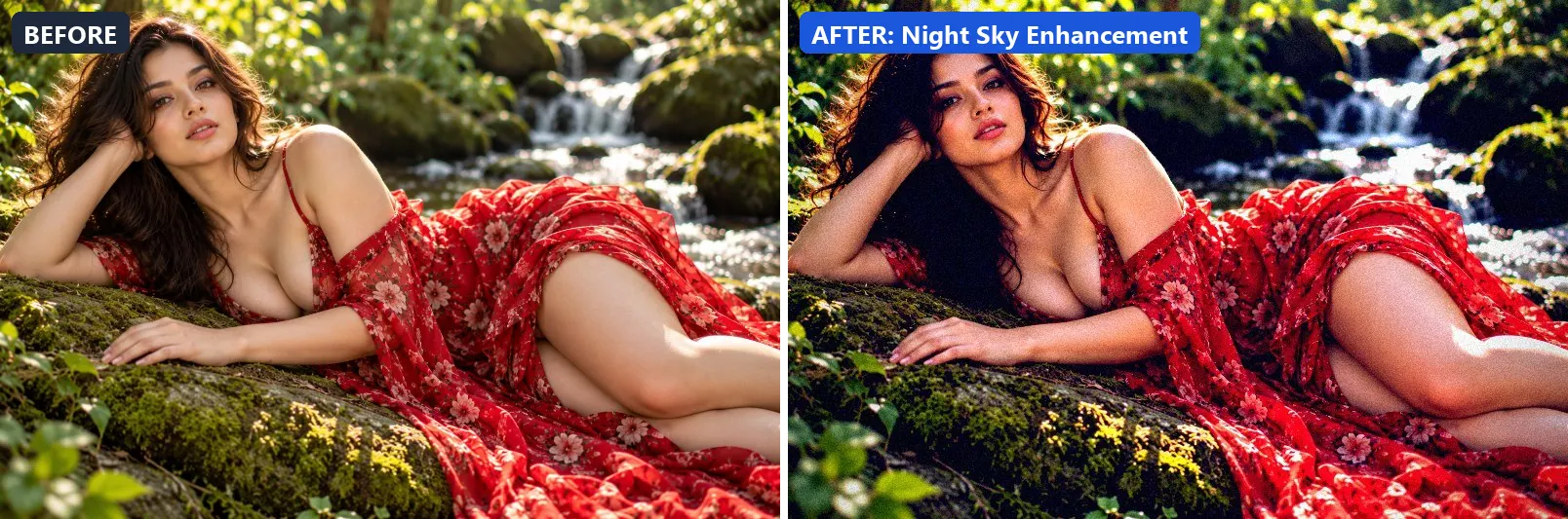 Before and after comparison of the Night Sky Enhancement photo filter (Atmosphere) on the sample photo