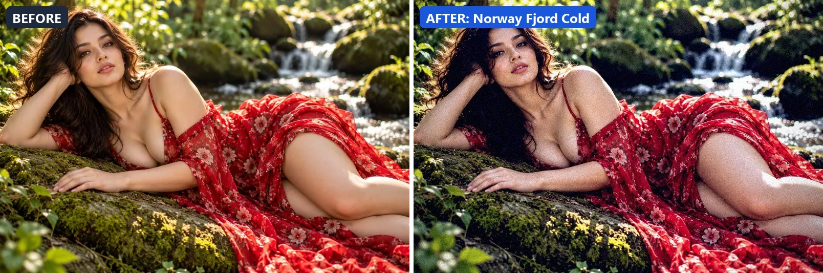 Before and after comparison of the Norway Fjord Cold photo filter (Travel Destinations) on the sample photo