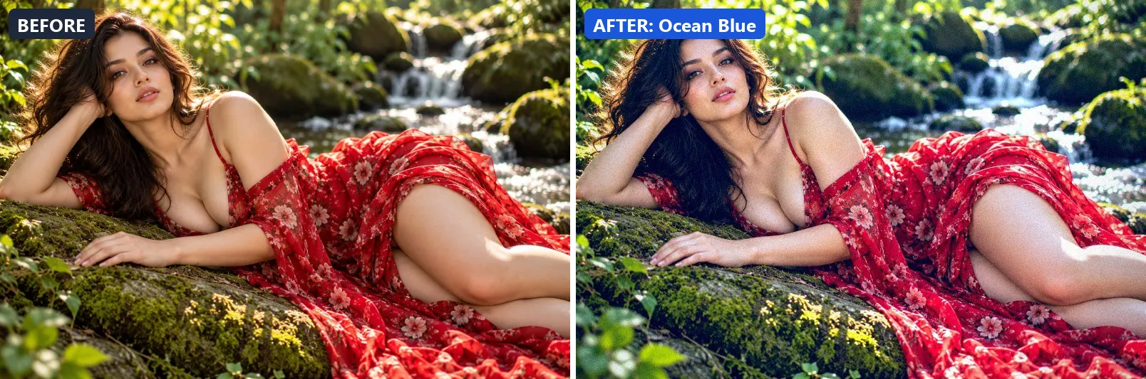 Before and after comparison of the Ocean Blue photo filter (Natural Extras) on the sample photo