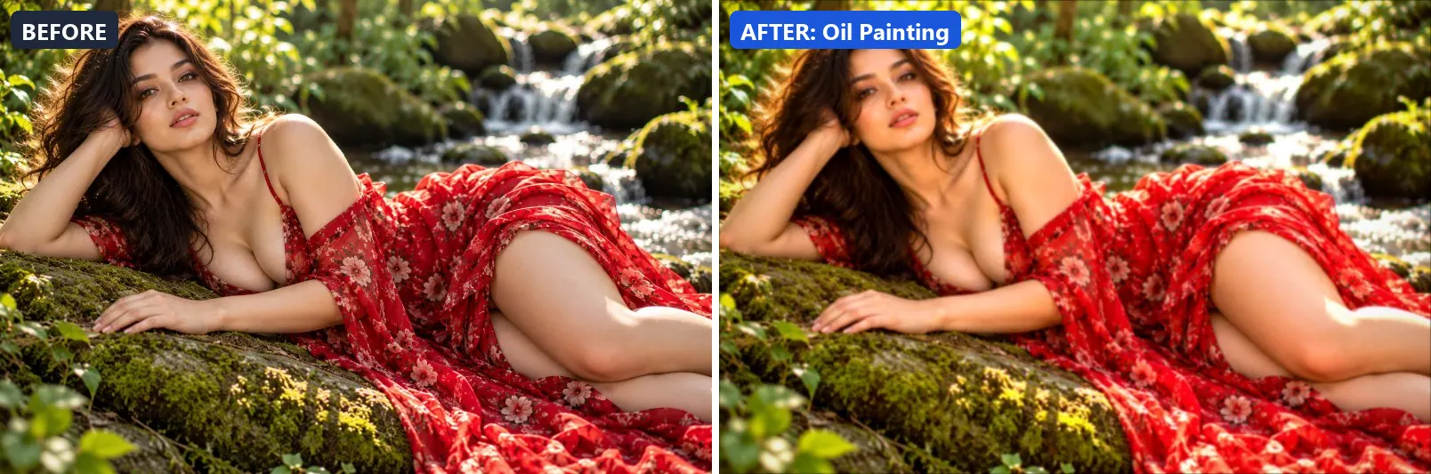 Before and after comparison of the Oil Painting photo filter (Artistic Styles) on the sample photo
