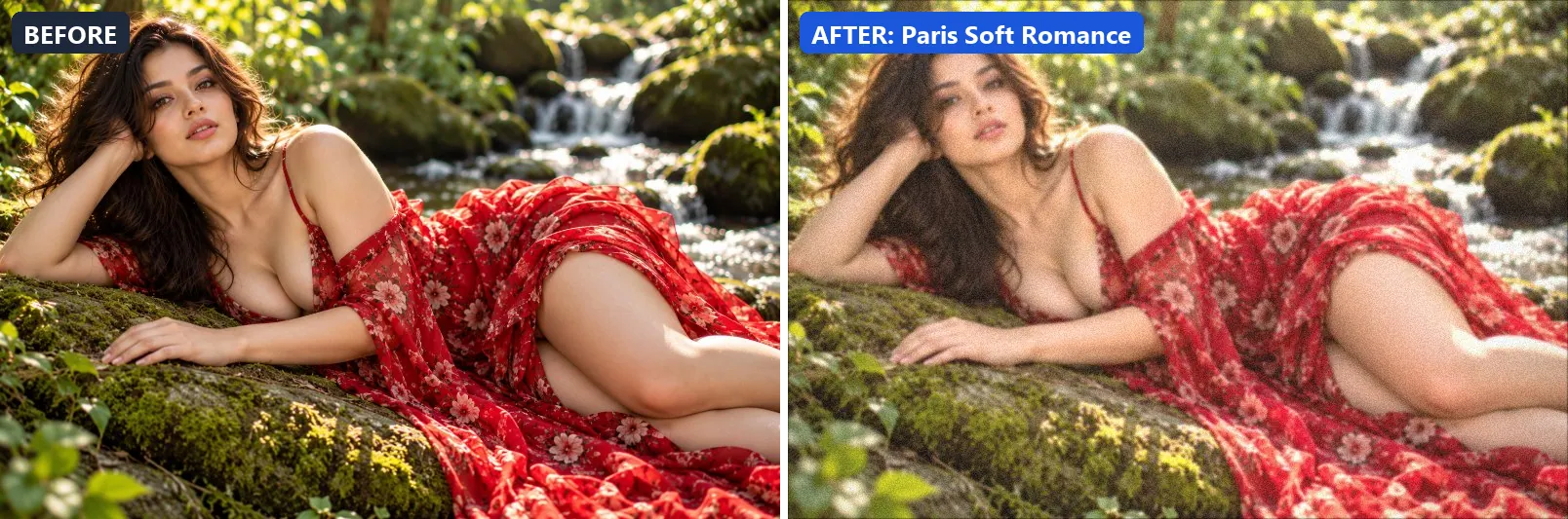 Before and after comparison of the Paris Soft Romance photo filter (Travel Destinations) on the sample photo