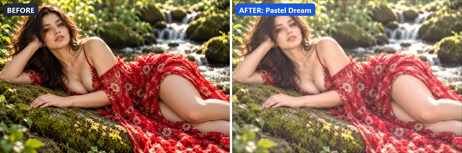 Before and after comparison of the Pastel Dream photo filter (Artistic Styles) on the sample photo