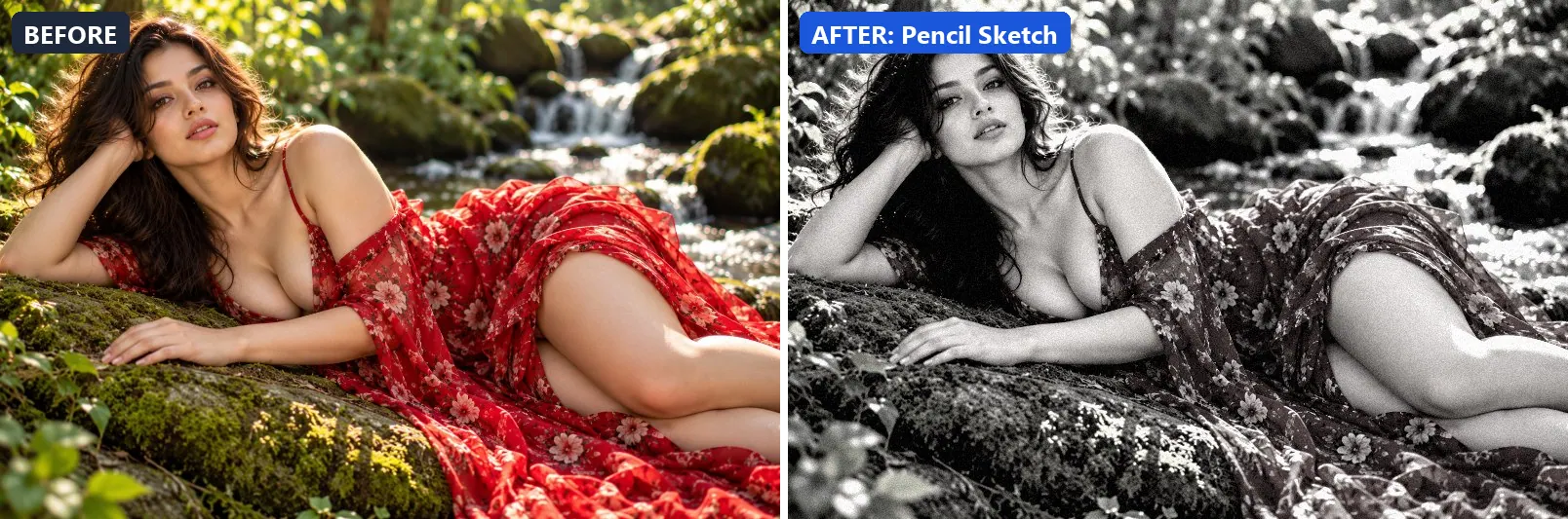 Before and after comparison of the Pencil Sketch photo filter (Artistic Styles) on the sample photo