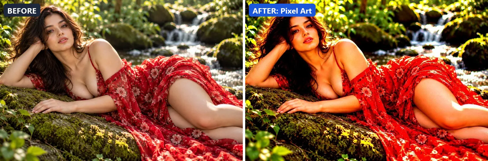 Before and after comparison of the Pixel Art photo filter (Artistic Styles) on the sample photo