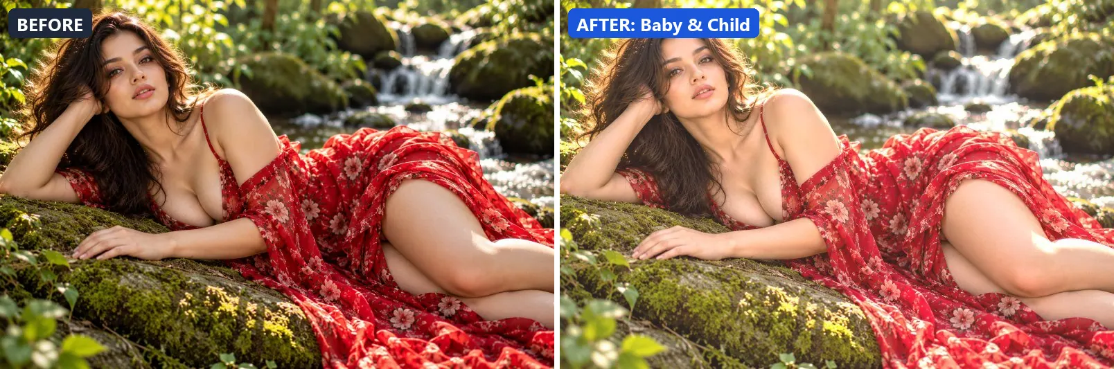 Before and after comparison of the Baby & Child photo filter (Portrait & Skin) on the sample photo