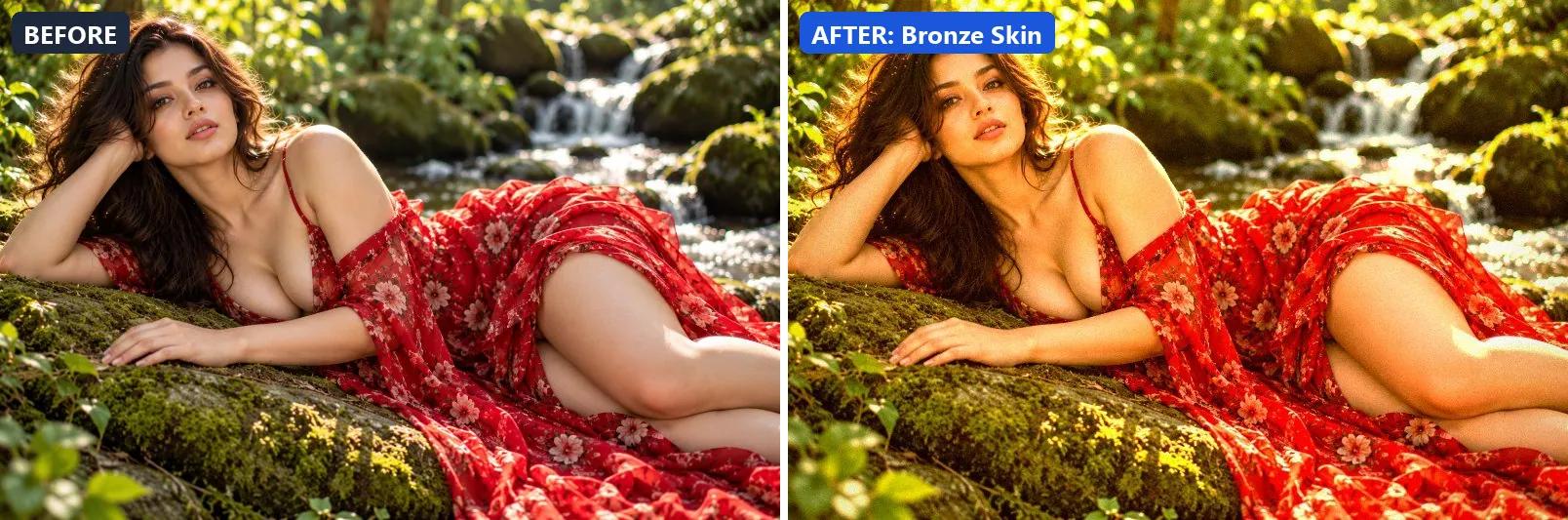 Before and after comparison of the Bronze Skin photo filter (Portrait & Skin) on the sample photo
