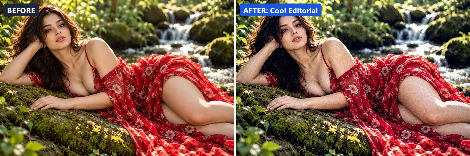 Before and after comparison of the Cool Editorial photo filter (Portrait & Skin) on the sample photo