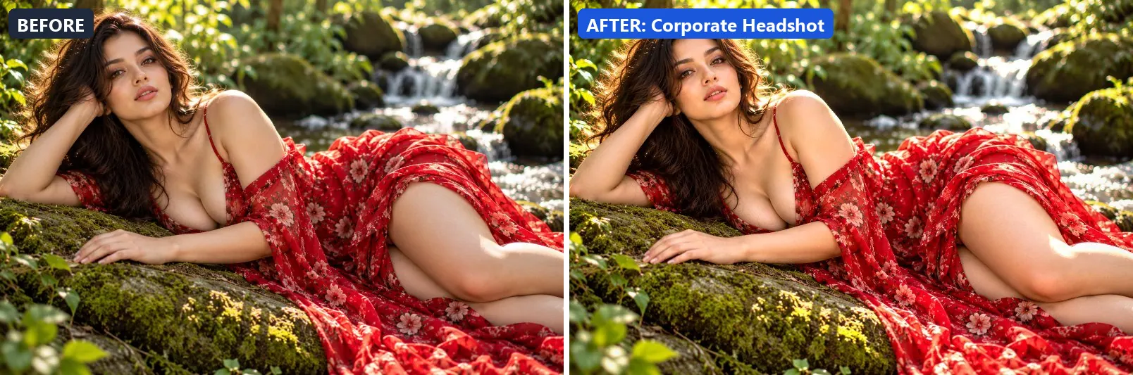 Before and after comparison of the Corporate Headshot photo filter (Portrait & Skin) on the sample photo