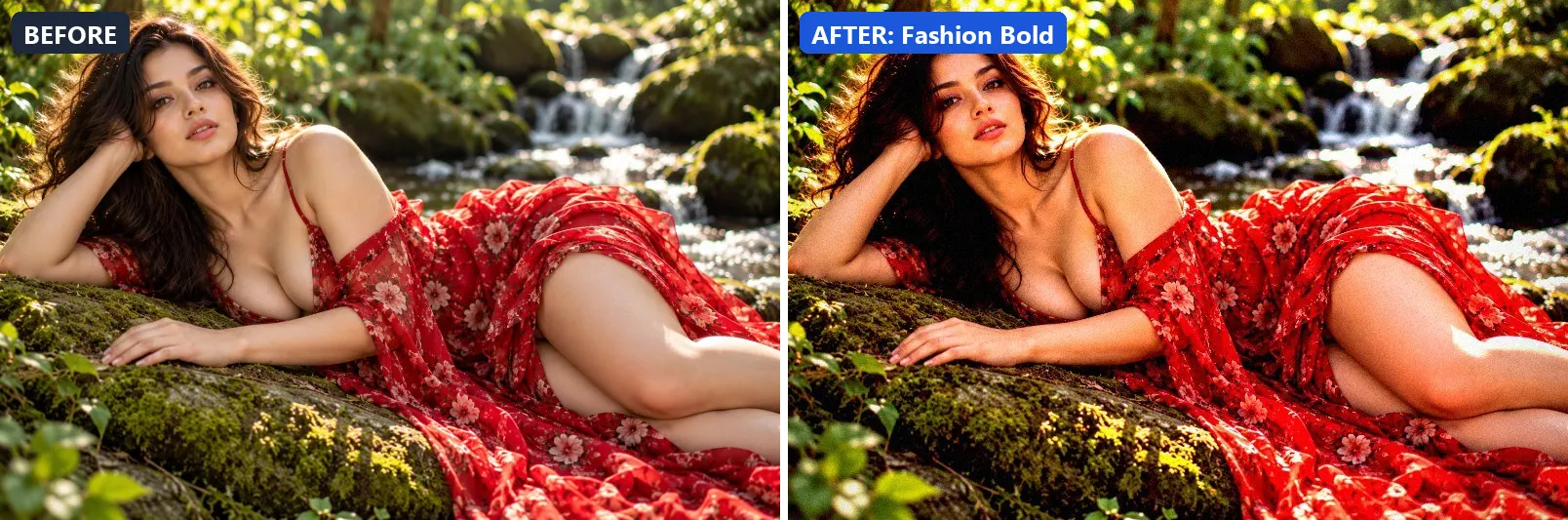 Before and after comparison of the Fashion Bold photo filter (Portrait & Skin) on the sample photo