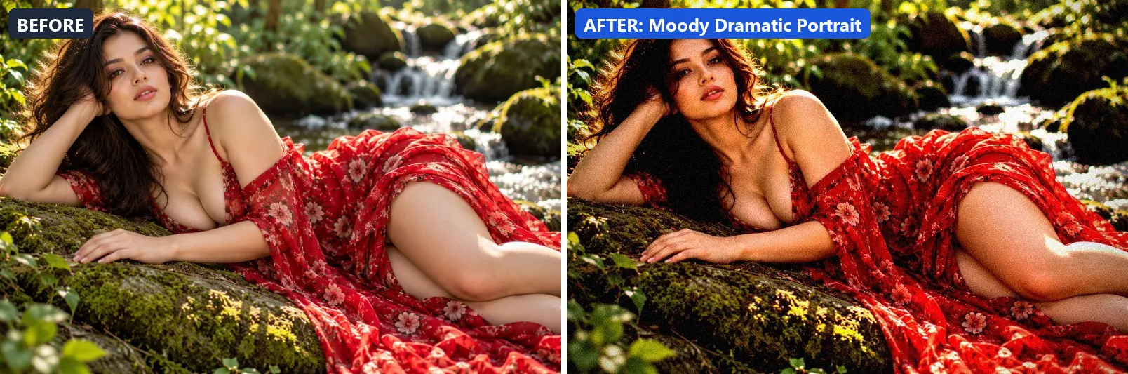 Before and after comparison of the Moody Dramatic Portrait photo filter (Portrait & Skin) on the sample photo