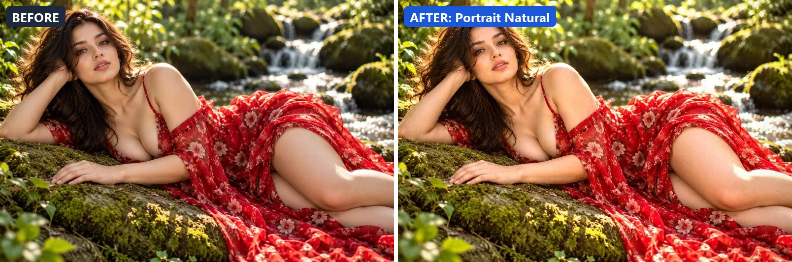 Before and after comparison of the Portrait Natural photo filter (Portrait & Skin) on the sample photo