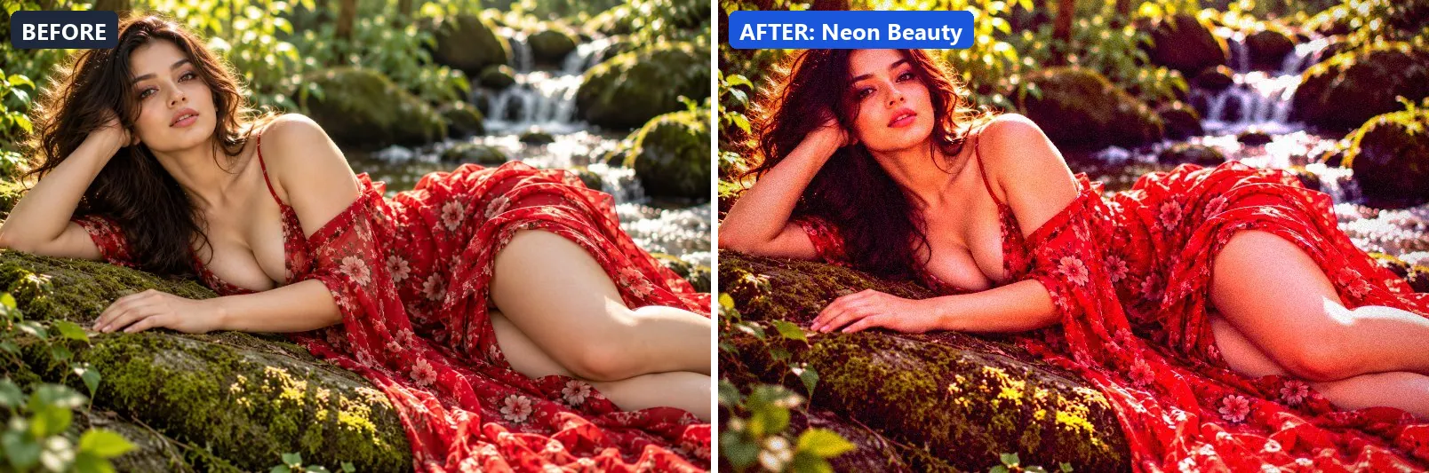 Before and after comparison of the Neon Beauty photo filter (Portrait & Skin) on the sample photo