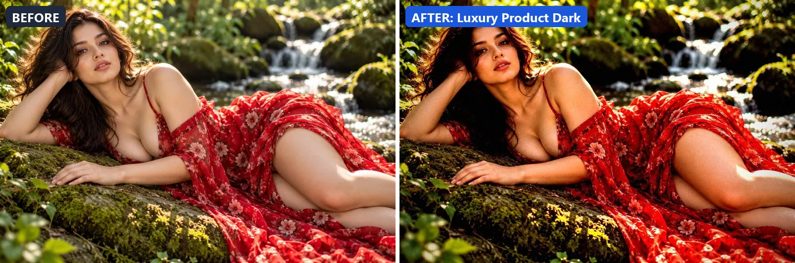 Before and after comparison of the Luxury Product Dark photo filter (Food & Product) on the sample photo