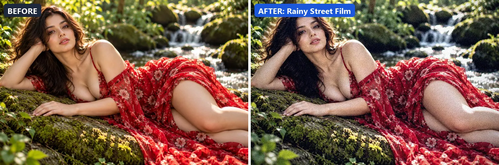 Before and after comparison of the Rainy Street Film photo filter (Cinematic) on the sample photo