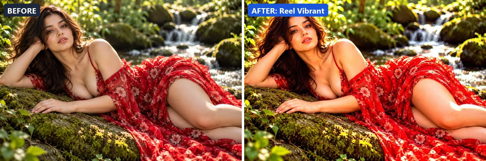 Before and after comparison of the Reel Vibrant photo filter (Social Media) on the sample photo