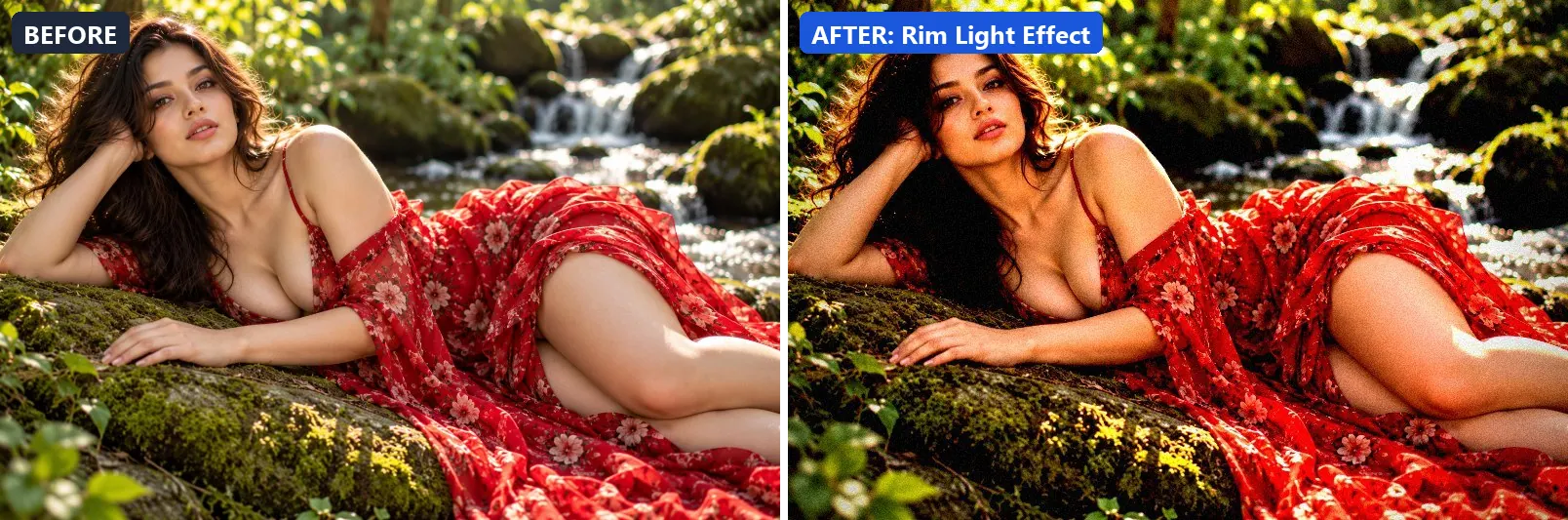 Before and after comparison of the Rim Light Effect photo filter (Lighting Effects) on the sample photo