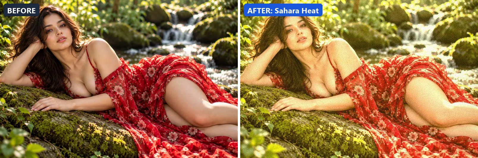 Before and after comparison of the Sahara Heat photo filter (Travel Destinations) on the sample photo