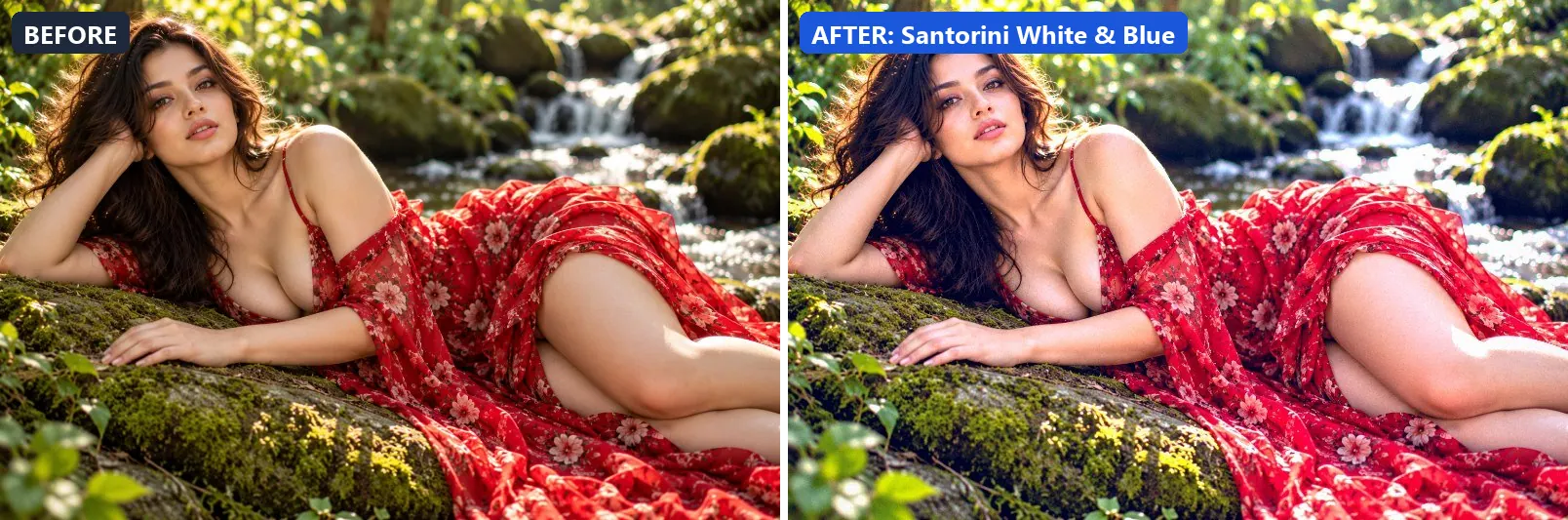 Before and after comparison of the Santorini White & Blue photo filter (Travel Destinations) on the sample photo