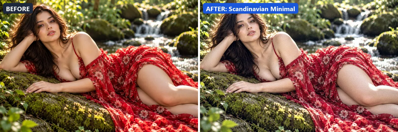 Before and after comparison of the Scandinavian Minimal photo filter (Travel Destinations) on the sample photo