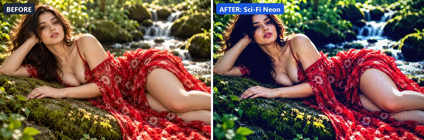 Before and after comparison of the Sci-Fi Neon photo filter (Cinematic) on the sample photo