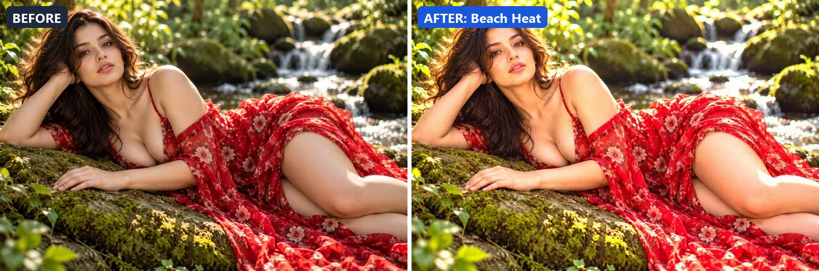 Before and after comparison of the Beach Heat photo filter (Seasons) on the sample photo