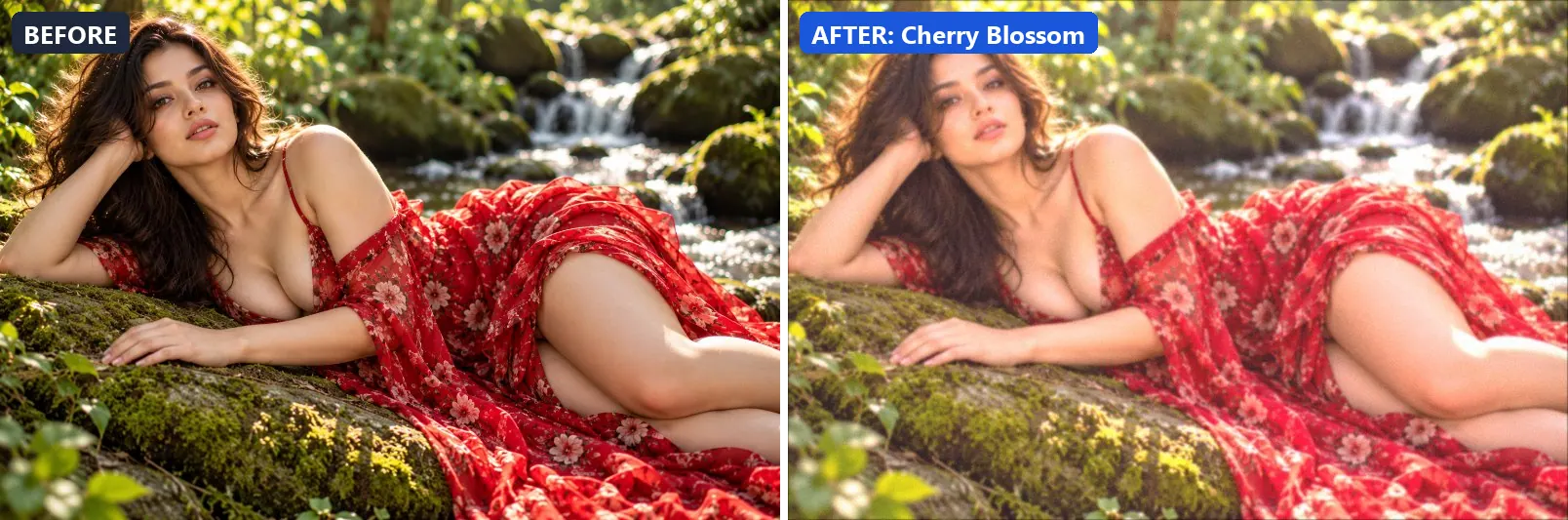 Before and after comparison of the Cherry Blossom photo filter (Seasons) on the sample photo