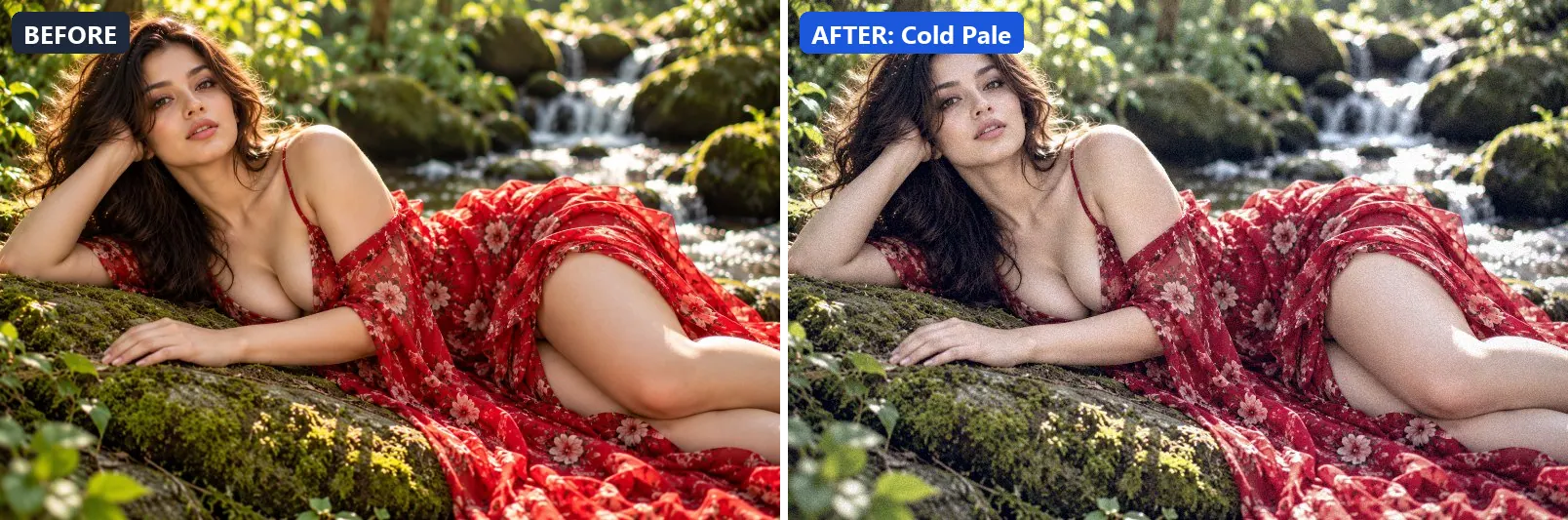 Before and after comparison of the Cold Pale photo filter (Seasons) on the sample photo