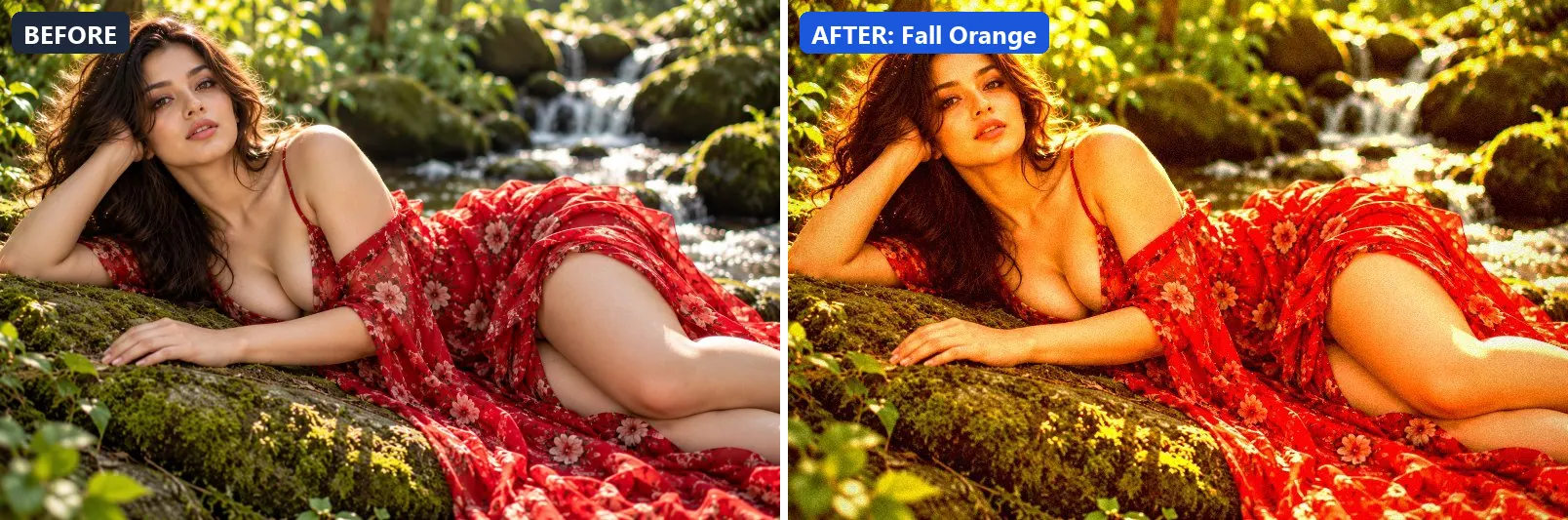 Before and after comparison of the Fall Orange photo filter (Seasons) on the sample photo