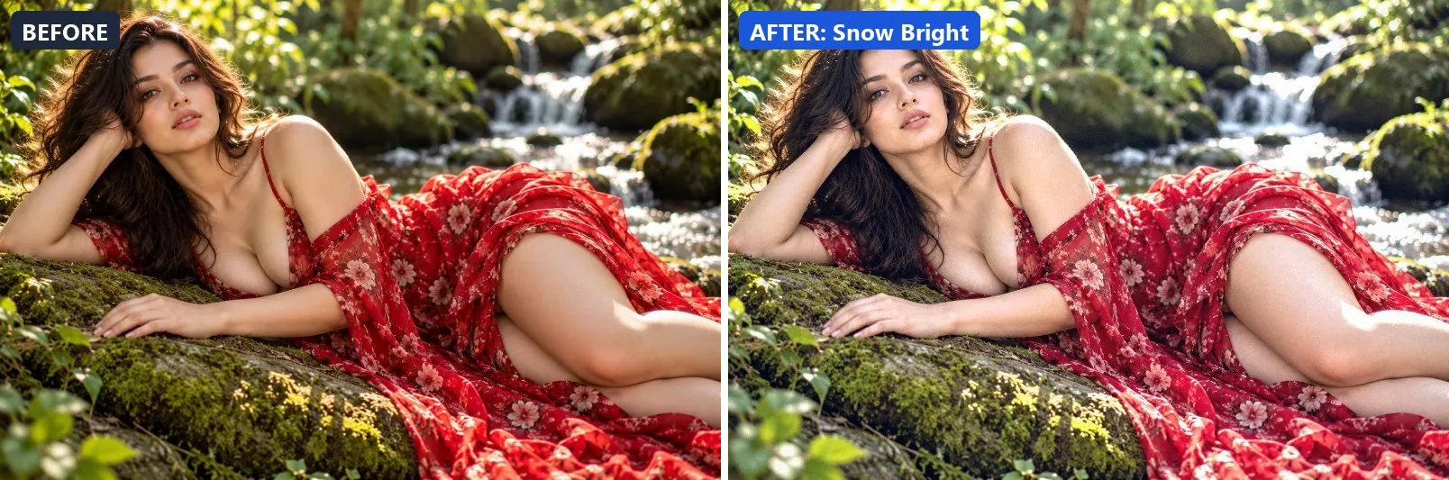 Before and after comparison of the Snow Bright photo filter (Seasons) on the sample photo