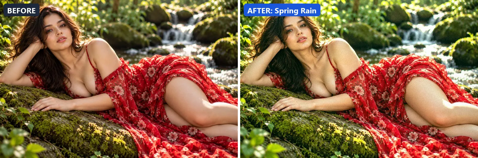 Before and after comparison of the Spring Rain photo filter (Seasons) on the sample photo