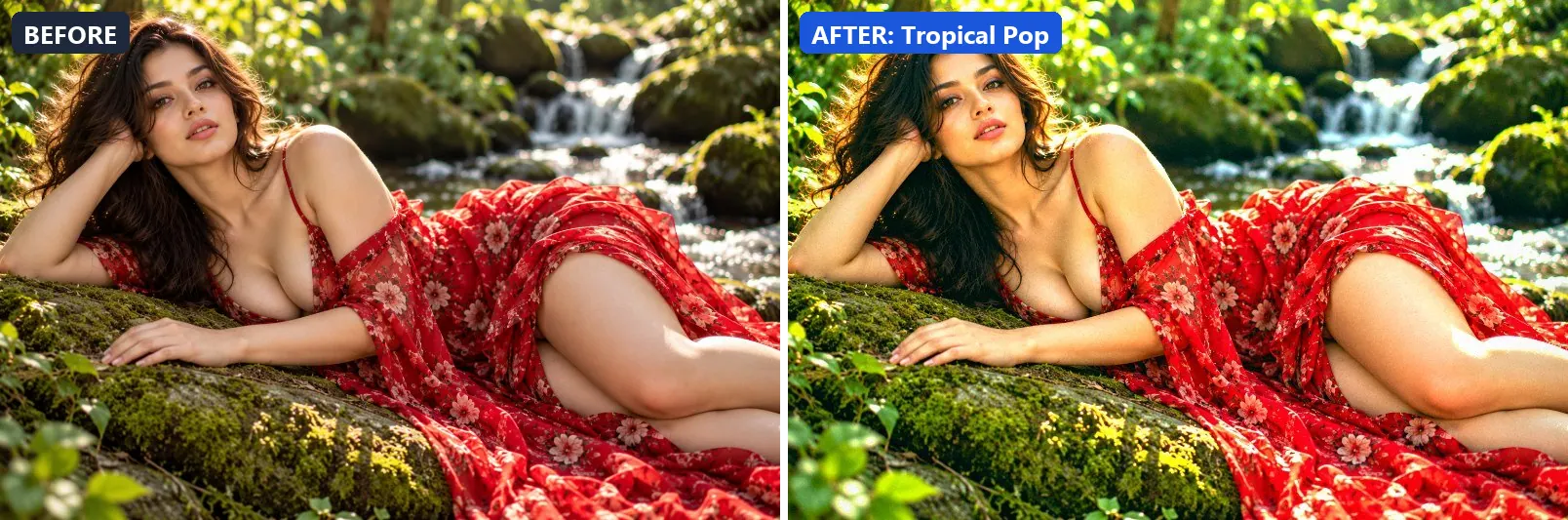 Before and after comparison of the Tropical Pop photo filter (Seasons) on the sample photo
