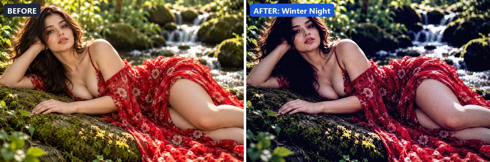 Before and after comparison of the Winter Night photo filter (Seasons) on the sample photo