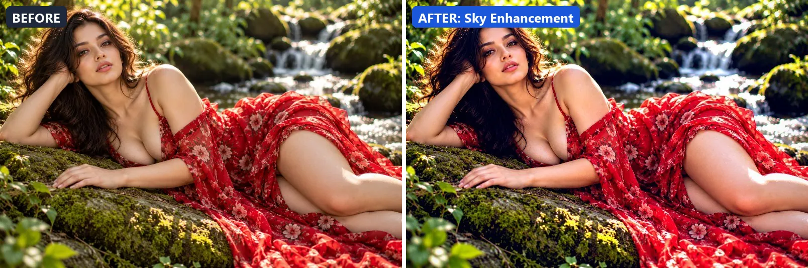 Before and after comparison of the Sky Enhancement photo filter (Clarity & Detail) on the sample photo