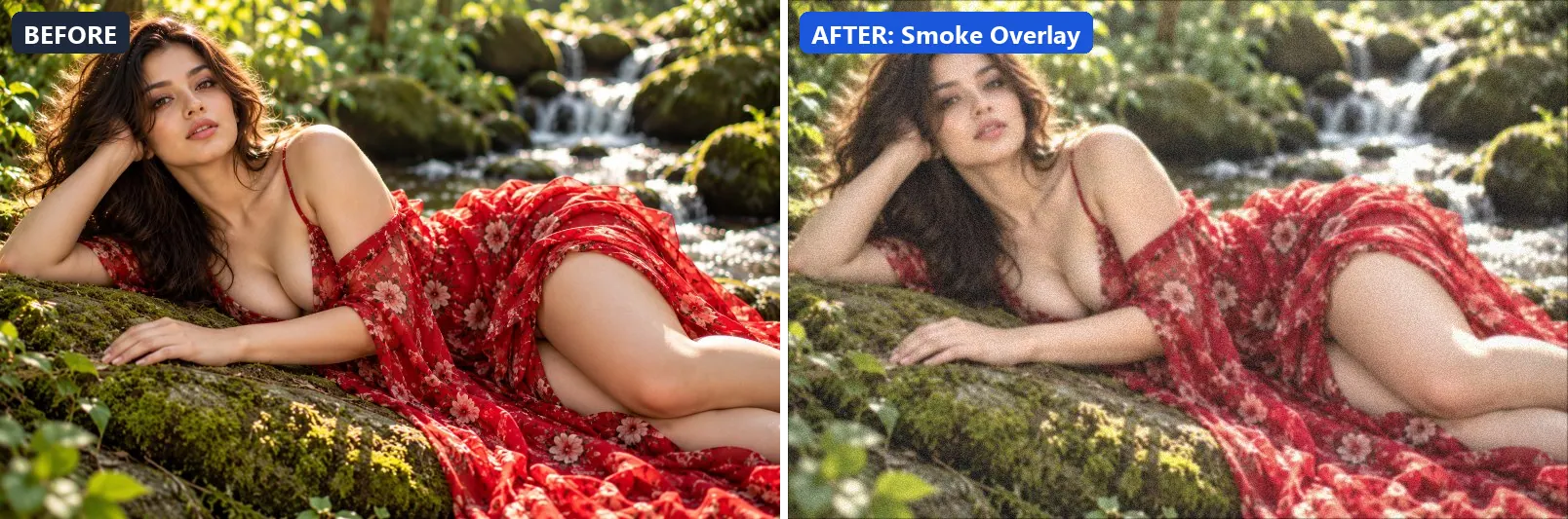 Before and after comparison of the Smoke Overlay photo filter (Atmosphere) on the sample photo