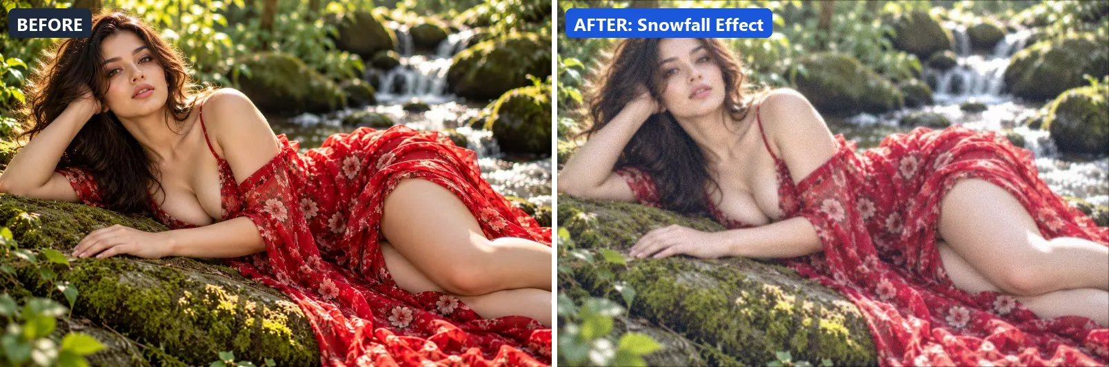 Before and after comparison of the Snowfall Effect photo filter (Atmosphere) on the sample photo