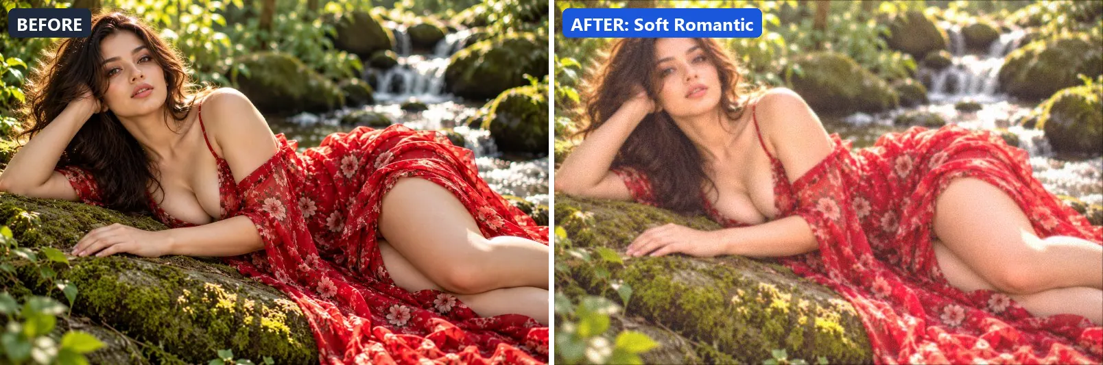 Before and after comparison of the Soft Romantic photo filter (Portrait & Skin) on the sample photo