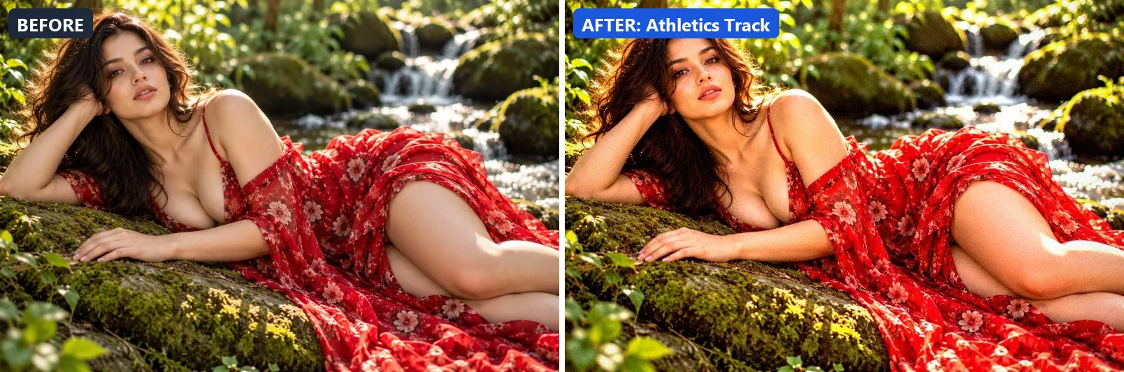 Before and after comparison of the Athletics Track photo filter (Sports & Action) on the sample photo