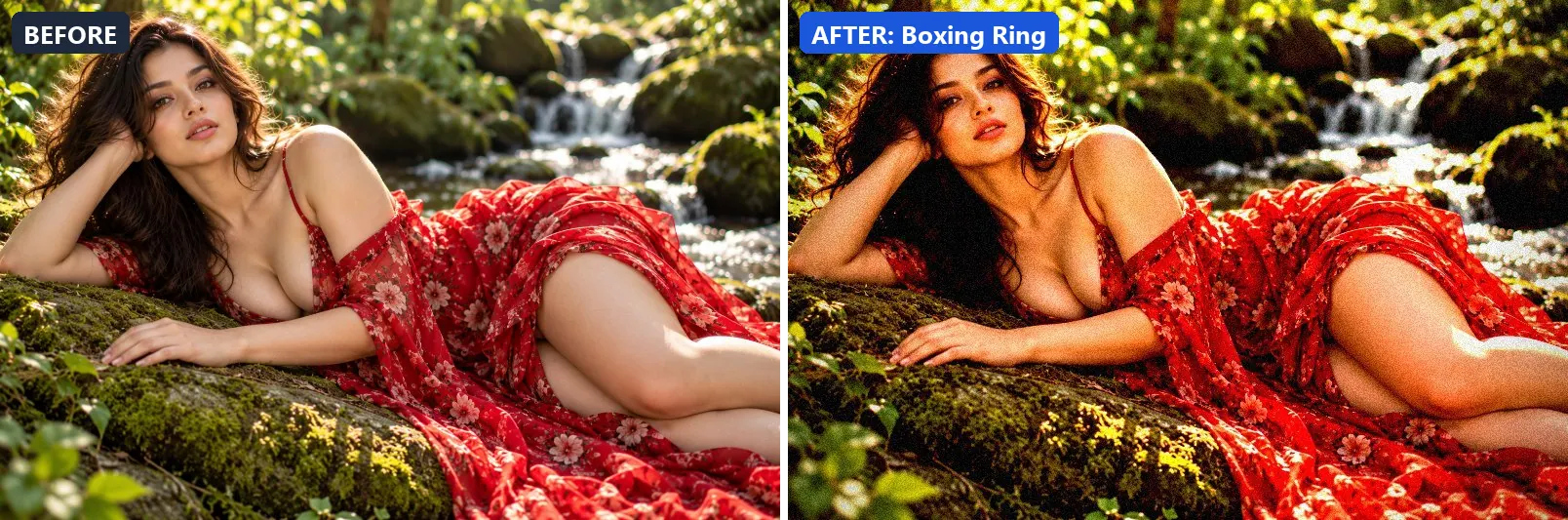 Before and after comparison of the Boxing Ring photo filter (Sports & Action) on the sample photo
