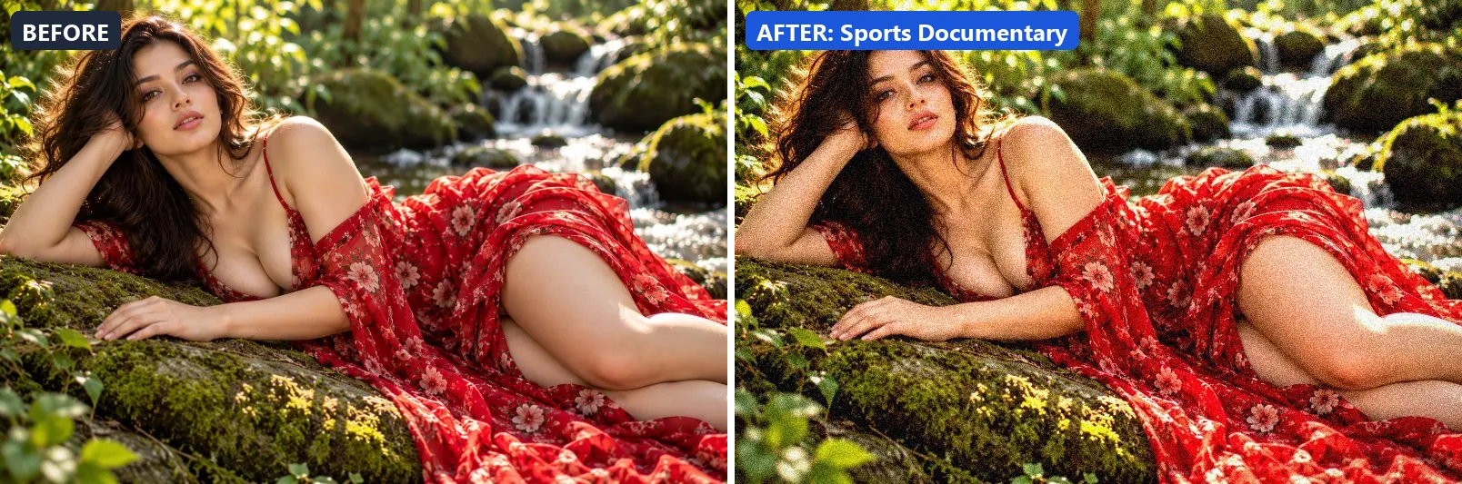 Before and after comparison of the Sports Documentary photo filter (Sports & Action) on the sample photo