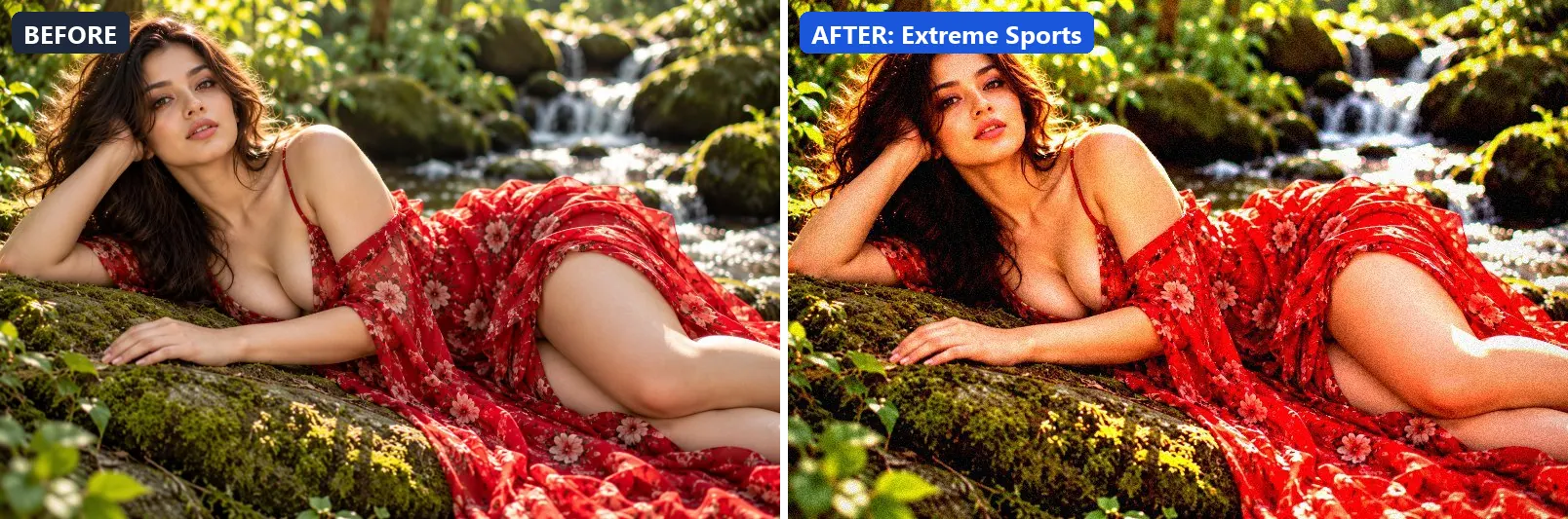 Before and after comparison of the Extreme Sports photo filter (Sports & Action) on the sample photo