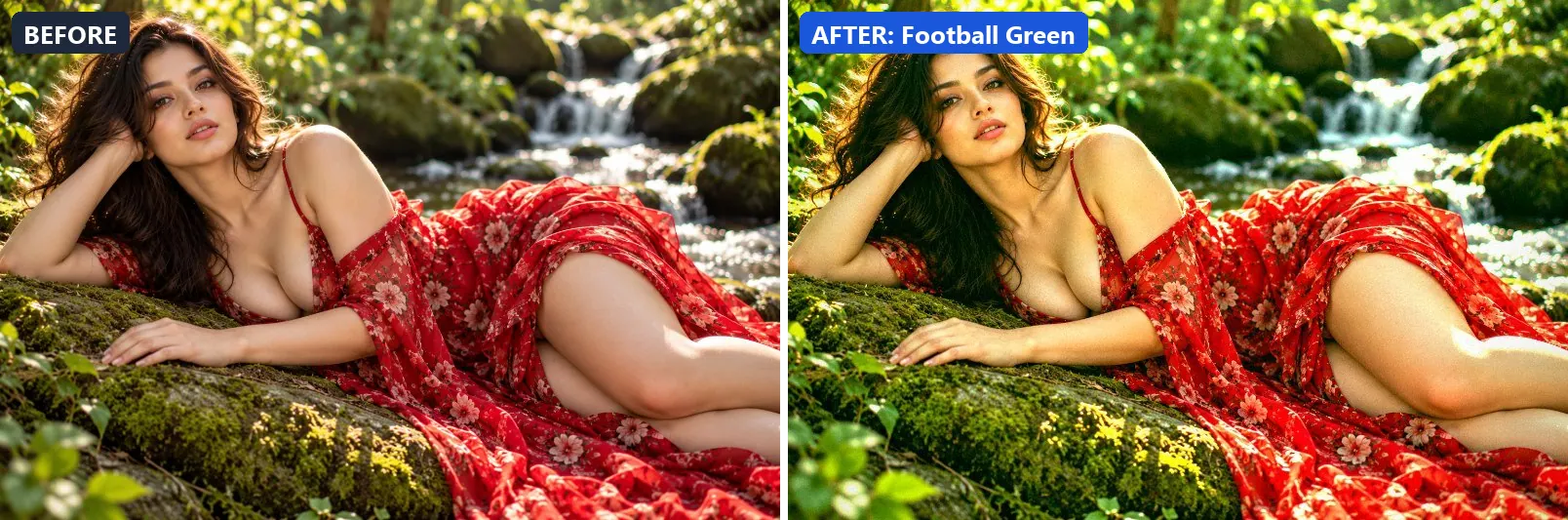 Before and after comparison of the Football Green photo filter (Sports & Action) on the sample photo