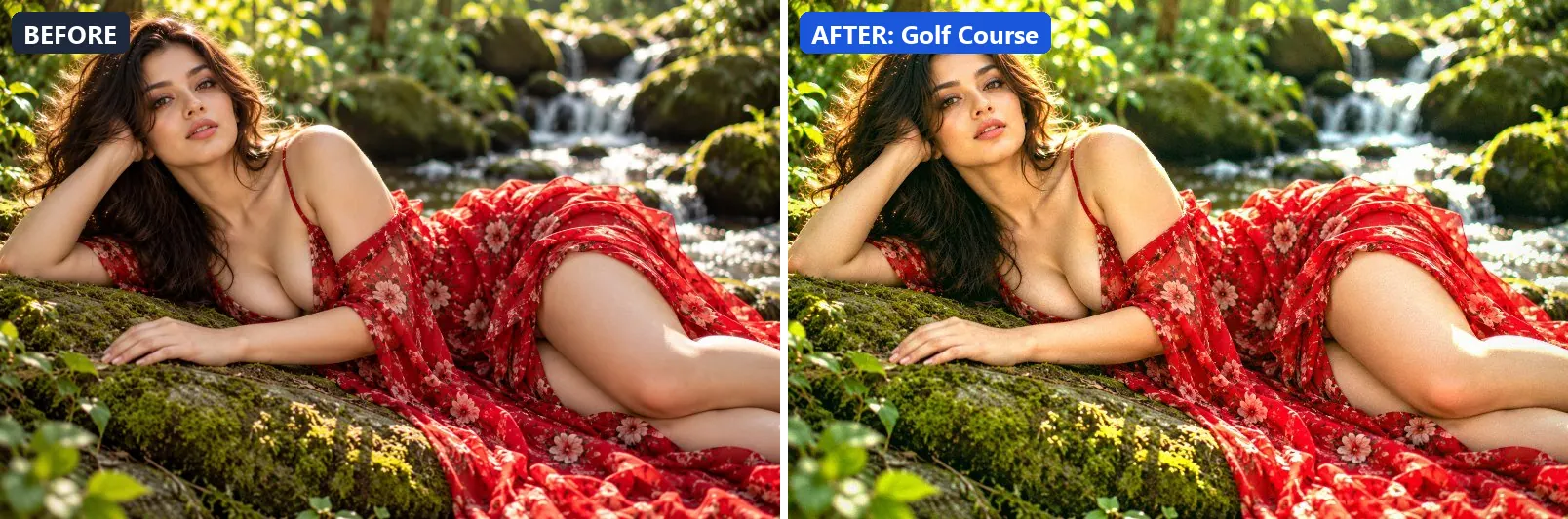 Before and after comparison of the Golf Course photo filter (Sports & Action) on the sample photo