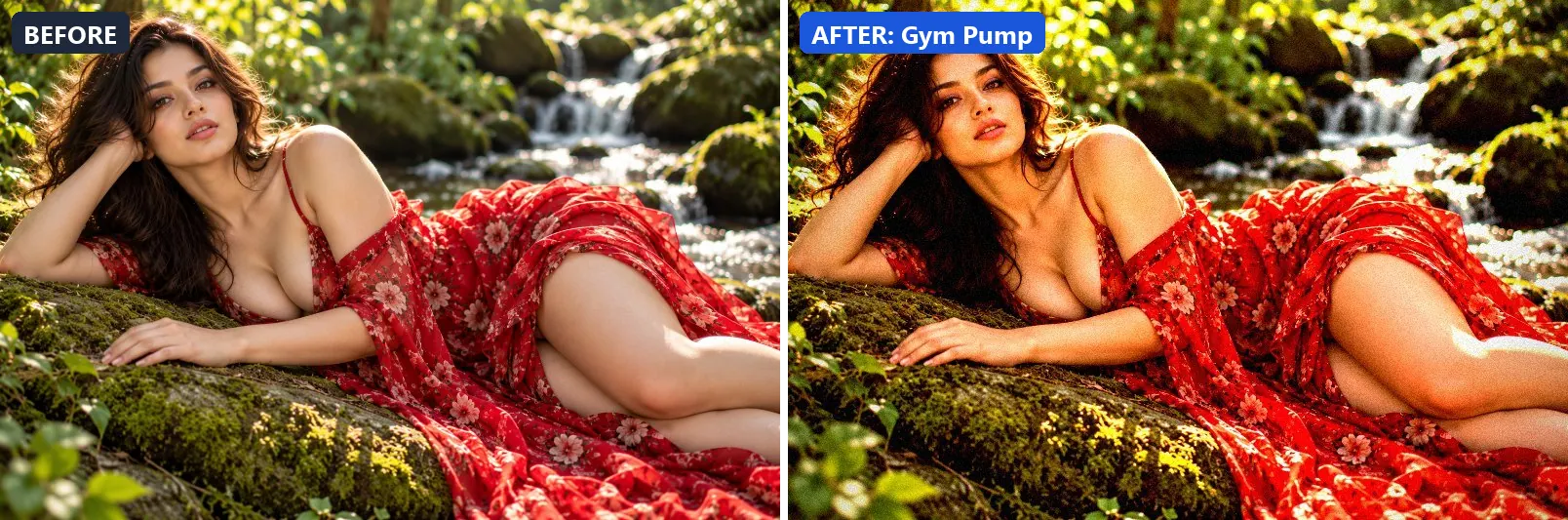 Before and after comparison of the Gym Pump photo filter (Sports & Action) on the sample photo