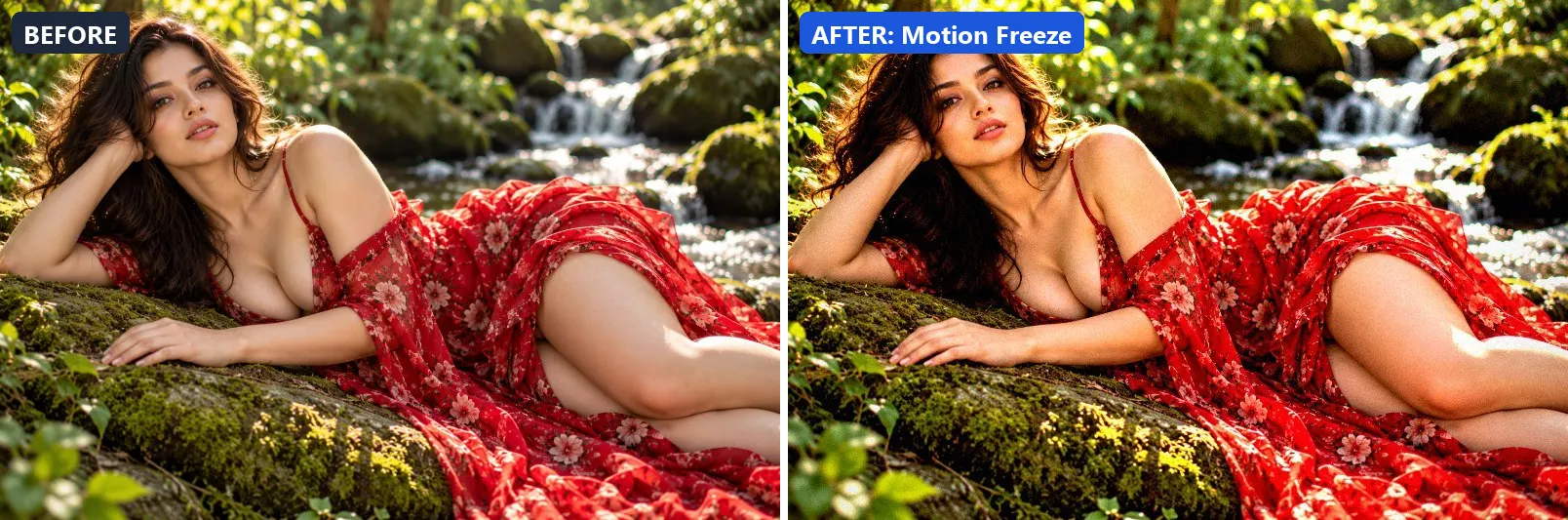 Before and after comparison of the Motion Freeze photo filter (Sports & Action) on the sample photo