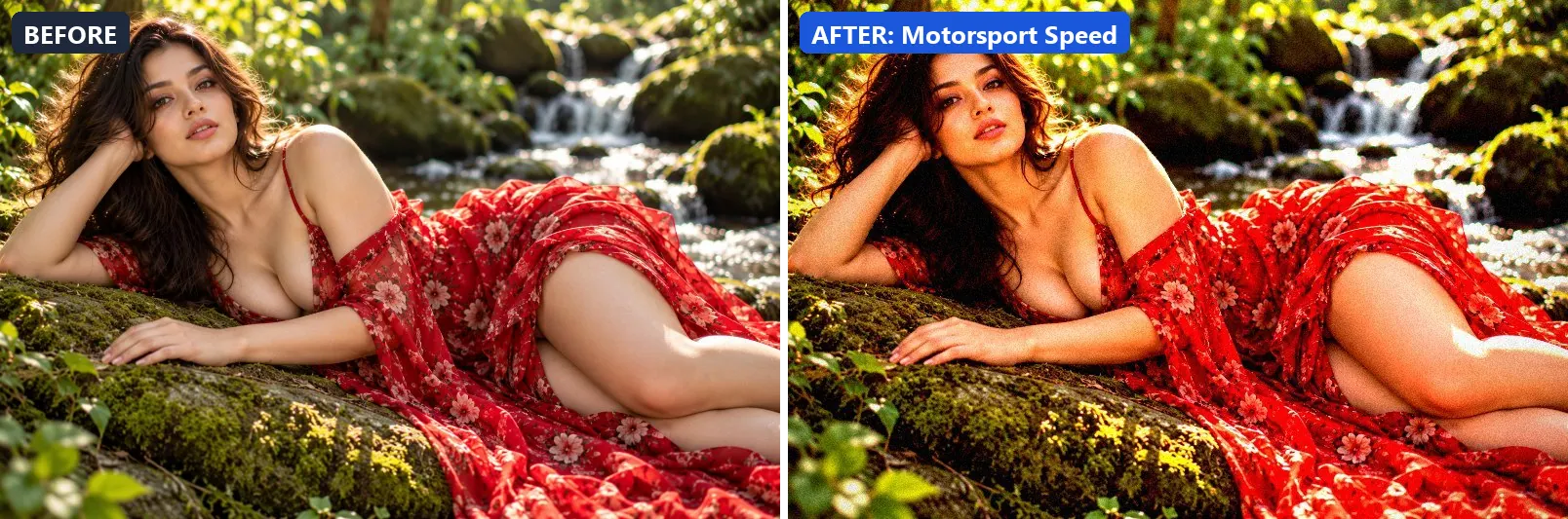 Before and after comparison of the Motorsport Speed photo filter (Sports & Action) on the sample photo