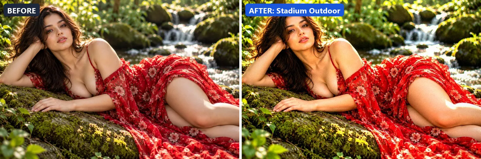 Before and after comparison of the Stadium Outdoor photo filter (Sports & Action) on the sample photo