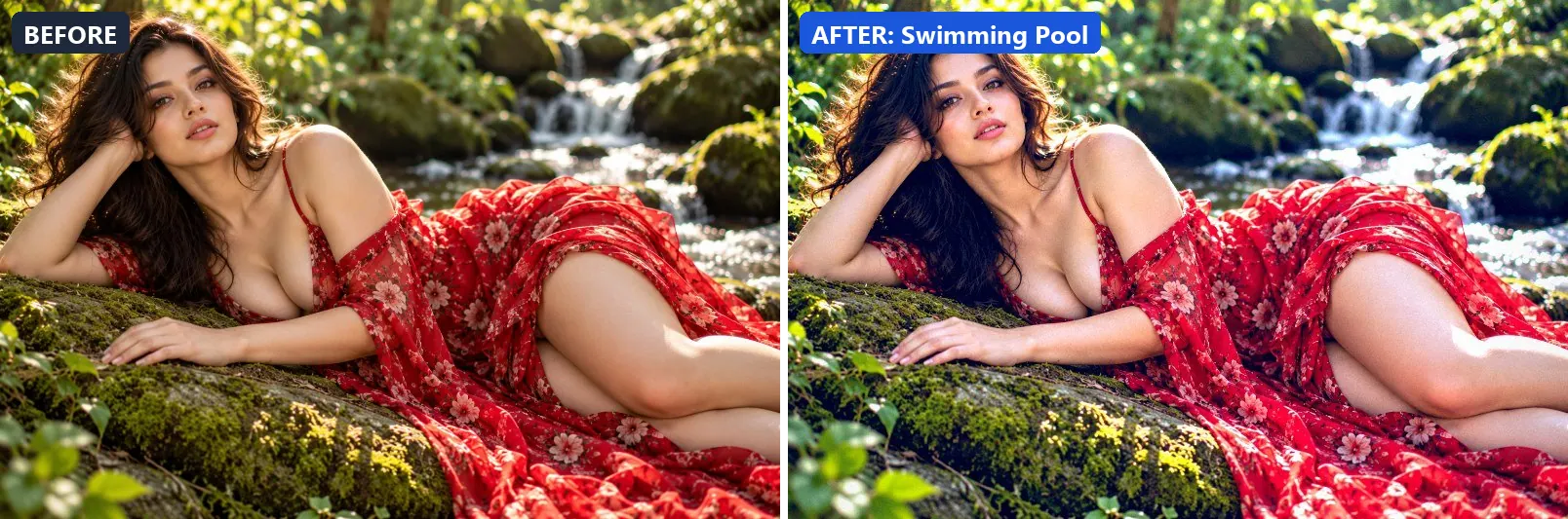 Before and after comparison of the Swimming Pool photo filter (Sports & Action) on the sample photo