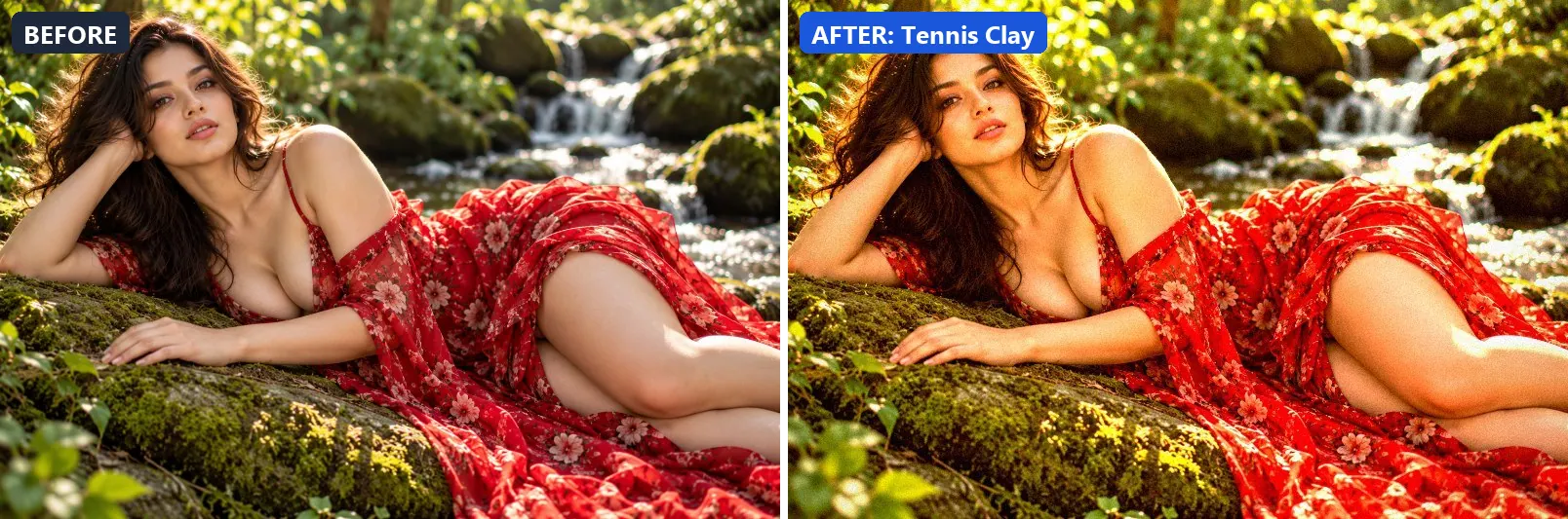 Before and after comparison of the Tennis Clay photo filter (Sports & Action) on the sample photo