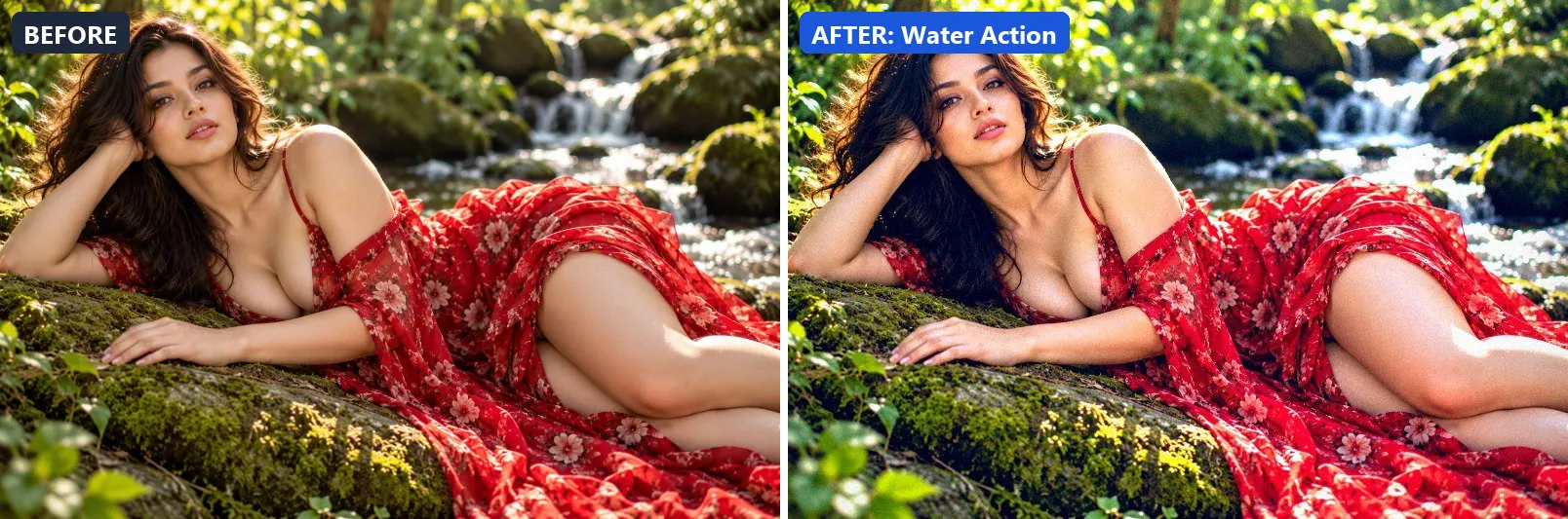 Before and after comparison of the Water Action photo filter (Sports & Action) on the sample photo
