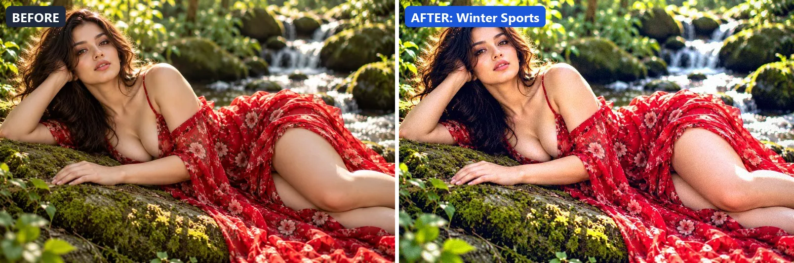 Before and after comparison of the Winter Sports photo filter (Sports & Action) on the sample photo